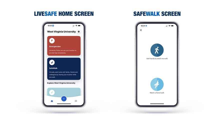 Two phone screens showing the Emergency, SafeWalk and Mental Health Features of the LiveSafe app and the SafeWalk options