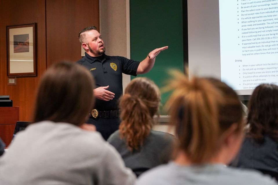Sgt. Brock Armstrong presents a training to students on Citizens Arrests