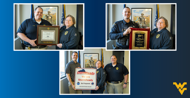 Three images show University Police officers posing with three award plaques/signs.